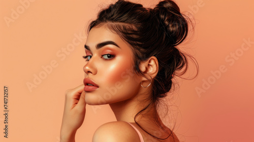 A poised woman with an updo hairstyle and elegant makeup is in profile, gently touching her face against a peach-colored background.