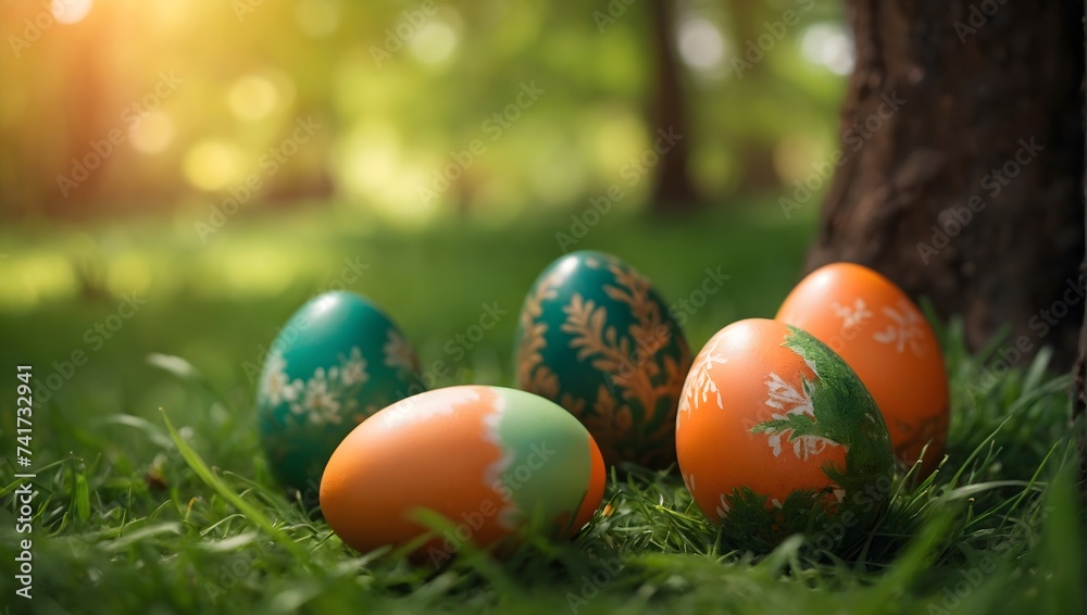 Color painted Easter eggs sitting on top of a lush green grass, next to a forest. Beautiful spring morning.