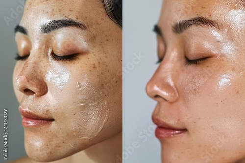 Before and after photos of facial skin, demonstrating the results of consistent use of a skin serum photo