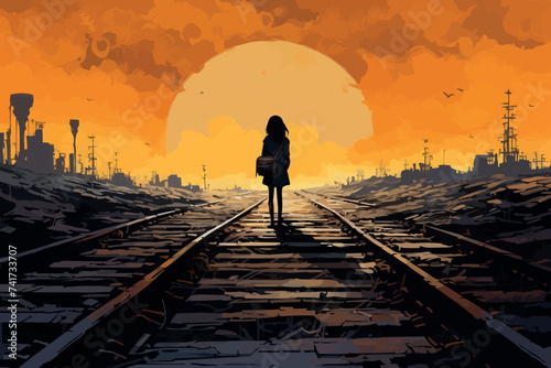 anime girl walking alone at rail line digital art, painting, anime, art, Graphics, backgrounds, anime characters, anime wallpapers, cartoon, girl, fantasy