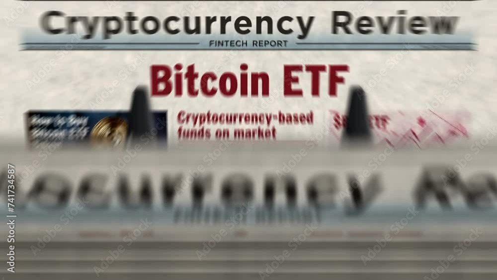 Spot Bitcoin ETF BTCETF crypto currency investment daily news newspaper printing. Abstract concept retro headlines 3d seamless looped.