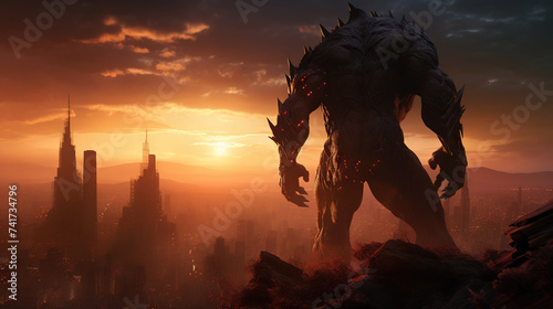 Giant monster over the destroyed city. Mythical giant attack.