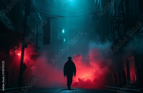 Man in Urban Nightscape with Neon City Lights