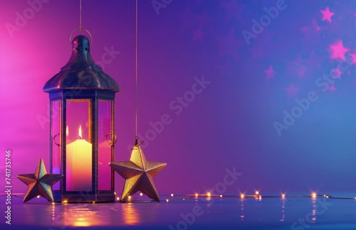 3d islamic lantern and star decors. islamic festival religious background with hanging gold star and lamp. 3d render style islamic lamp and star decoration with copy space on gradient background