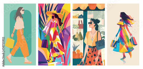 Stylish women shopping and walking in vibrant illustrated scenes