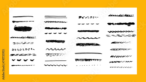 Bundle of different ink brush strokes. Ink splatters,grungy painted lines,artistic design elements. Vector paintbrush set.