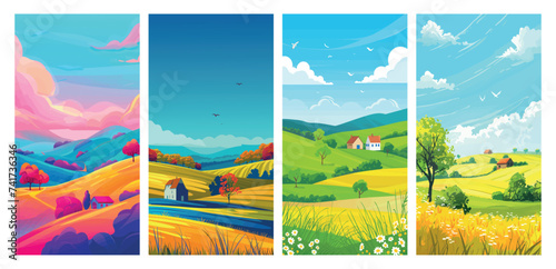 Colorful seasons landscape illustrations with houses and fields