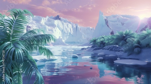Surreal landscape where tropical foliage meets icy glaciers at dawn, dreamlike fusion lush palms and frozen peaks