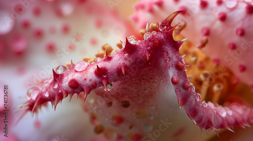 Abstract Macro View of Rose Thorns and Dew Drops with Soft Pink Background