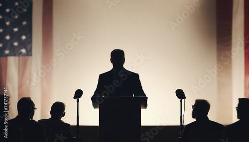 silhouette of American senator giving press conference at podium
 photo