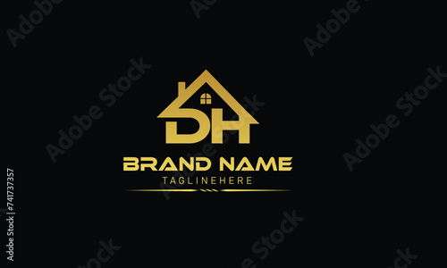 Logo design of H D DH HD in vector for construction, home, real estate, building, and property. Minimal awesome trendy professional logo design template on black background.