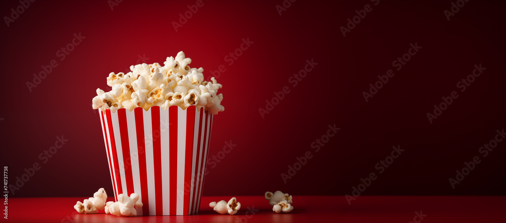 Delicious popcorn scattering from a red striped carton box on a dark red background with copy space. Cinema banner