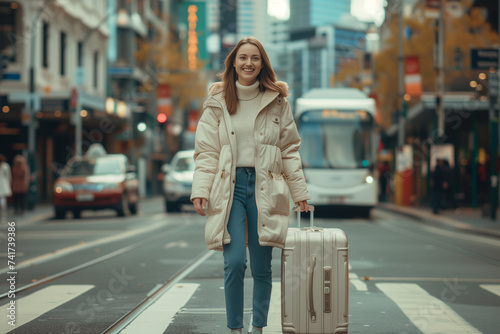 A cheerful woman with luggage crosses the road