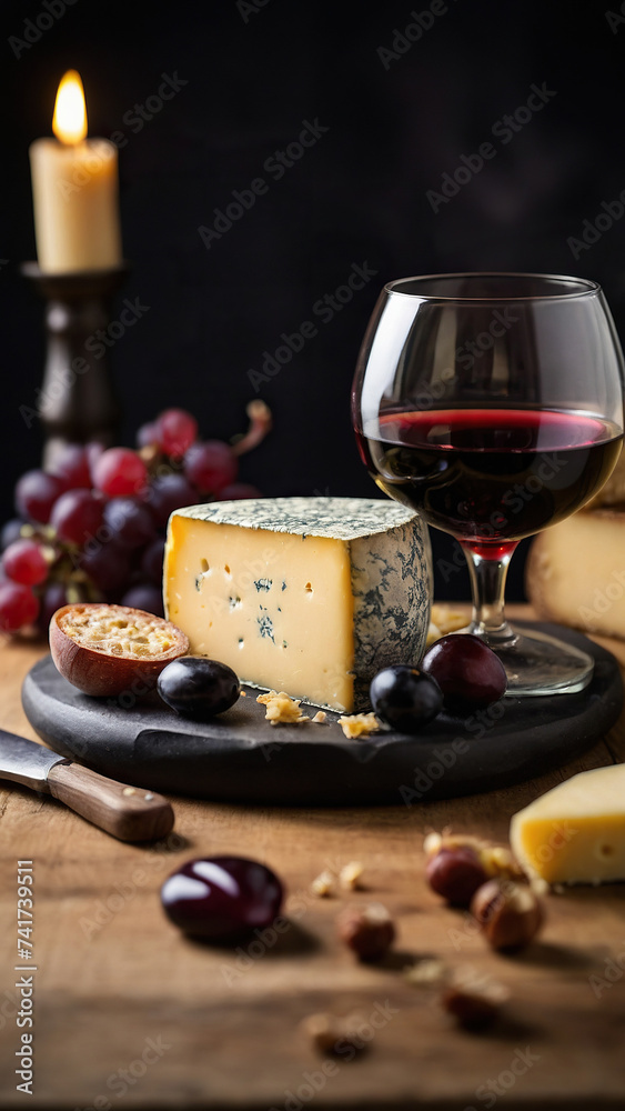 Pieces of different cheeses with wine. Still life as a symbol of taste and luxury.