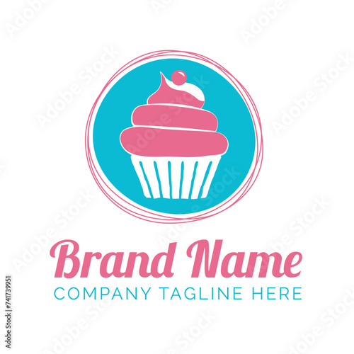 Round Cupcake Logo for Bakery in Modern Blue and Pink Color