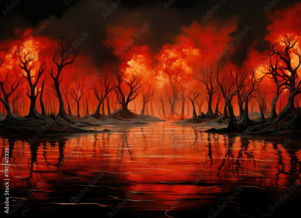 River Painting With Red Smoke