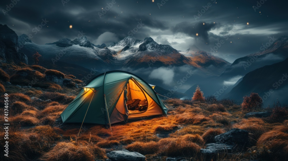 Camping in the mountains at night with a tent