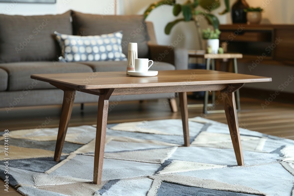 Scandinavian solid wood coffee table on a minimalist carpet