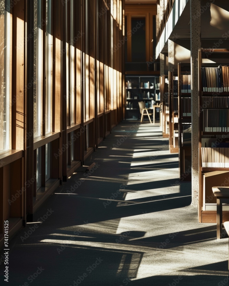 Sunlit library interior with spacious design and modern architecture, ideal for academic and literary concepts