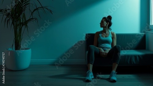 Contemplative woman relaxing post-workout in a modern home setting with cool, calming tones suggesting recovery and mental clarity