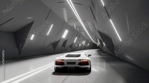 An abstract depiction of a car in a tunnel, following a trajectory