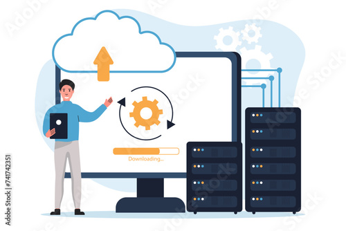 Cloud computing isolated. Secure connection, storage and cloud technology.Data transfer folders with documents, data storage, brainstorming, teamwork Vector illustration.  photo