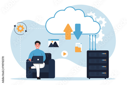 Cloud computing isolated. Secure connection, storage and cloud technology.Data transfer folders with documents, data storage, brainstorming, teamwork Vector illustration. 