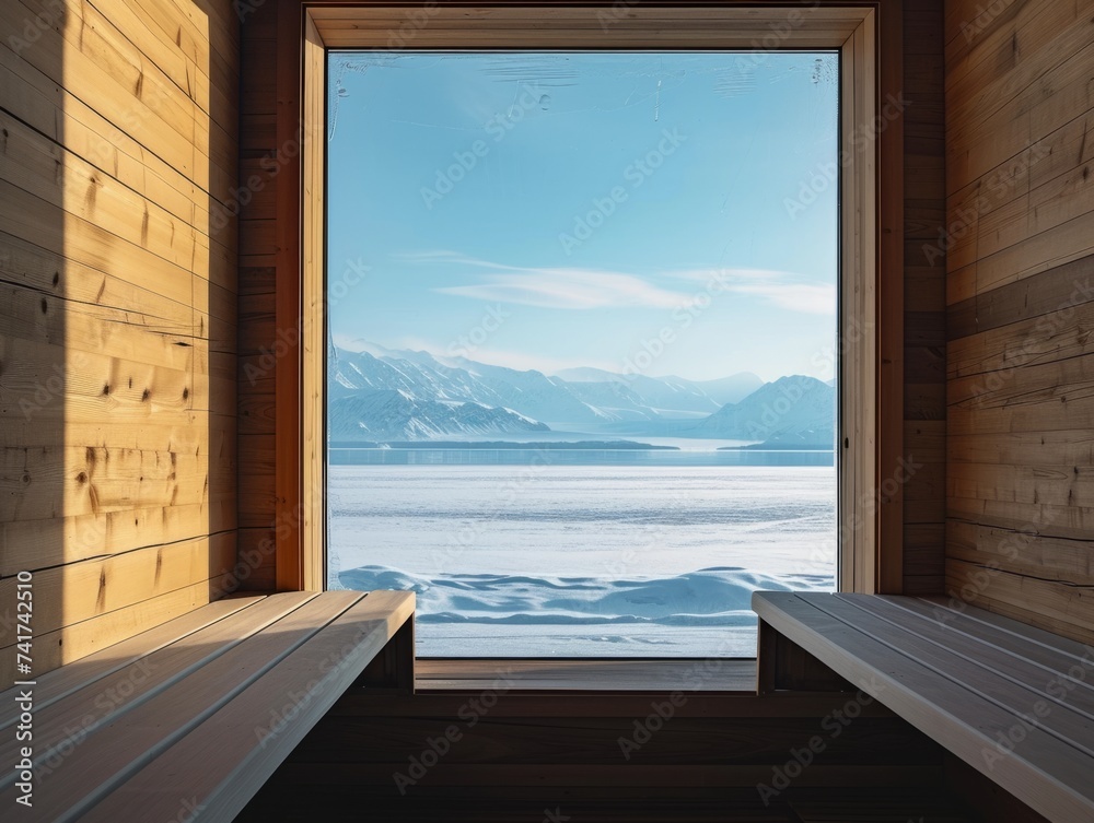 Sauna with glass walls offering a breathtaking view of a frozen lake and snowy mountains, epitomizing luxury in extreme nature
