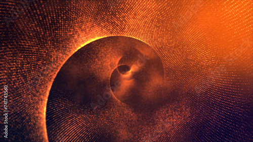 abstract digital wave with particles on black background. 3d rendering, Abstract digital background with orenge flowing waves and data points photo