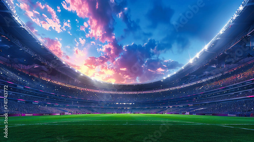 Brightly lit soccer stadium, capturing the excitement of a nighttime match on a lush green field under a starry sky