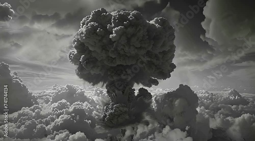 A huge mushroom cloud created after a huge explosion, which shows the extent of the destruction. Generative AI photo