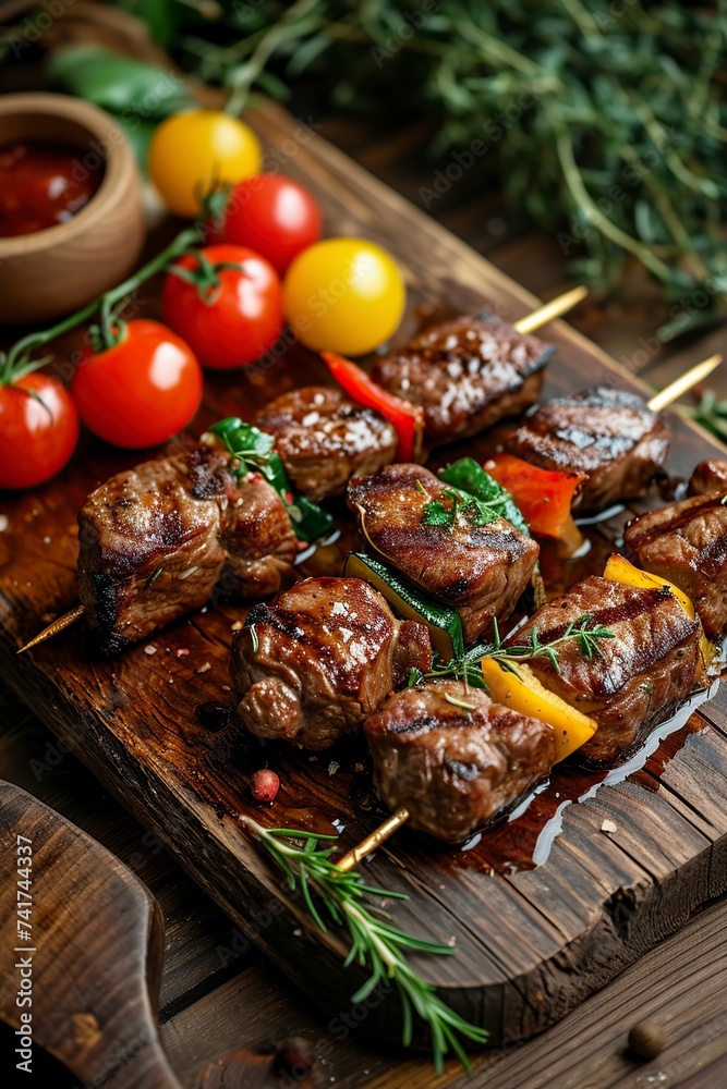 delicious grilled meat skewers with vegetables on wooden background