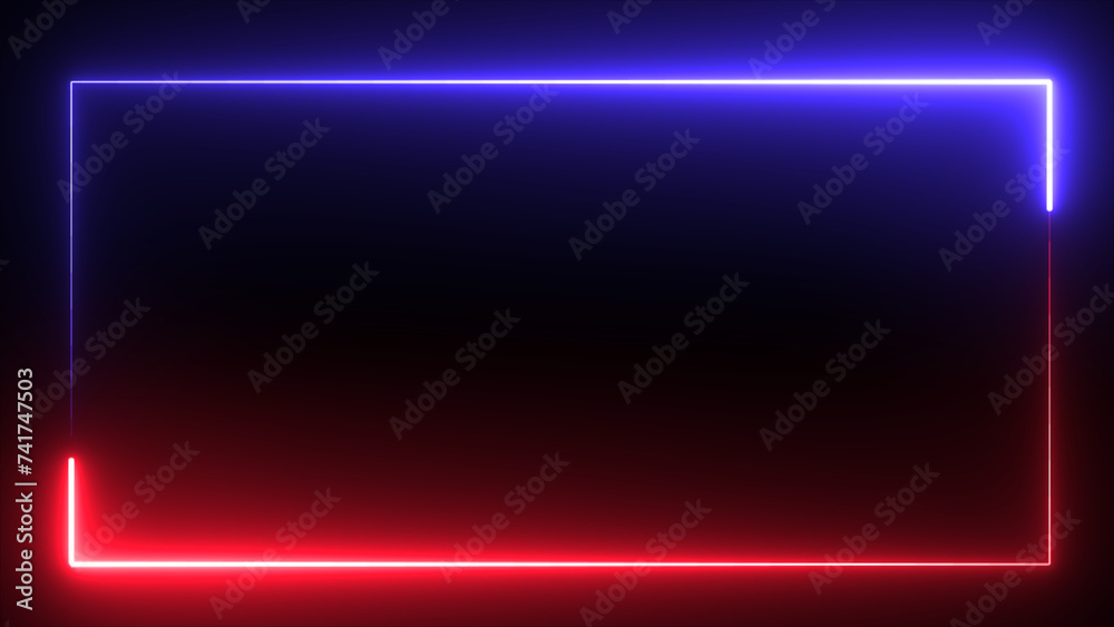 Glowing neon blue and red lighting frame with can and black background empty copy space middle. Glowing neon blue and red lighting frame with can and black background empty copy space middle.