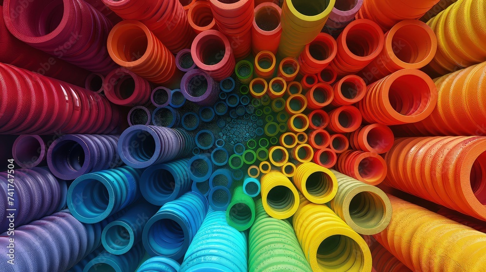 Clay-Crafted Spectrum: Top-Down Perspective of Rainbow-Colored Circular Stems in 3D Render. abstract background. Clay-Crafted Spectrum: Top-Down Perspective of Rainbow-Colored Circular Stems in 3D Render. abstract background.