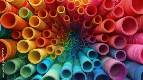 Clay-Crafted Spectrum: Top-Down Perspective of Rainbow-Colored Circular Stems in 3D Render. abstract background.