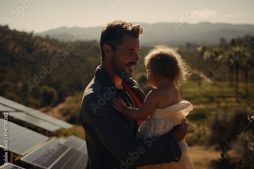 Father holding daughter looking at home with solar panels. Sustainable energy concept © sorin