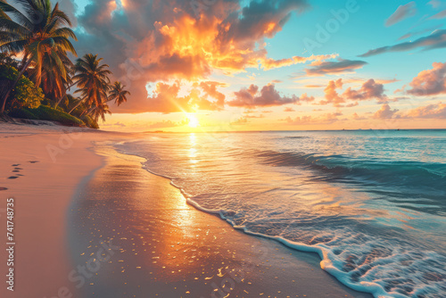 A tranquil beach scene at sunset, with pastel-hued skies reflecting on gentle surf, evoking a sense of peace and natural beauty.