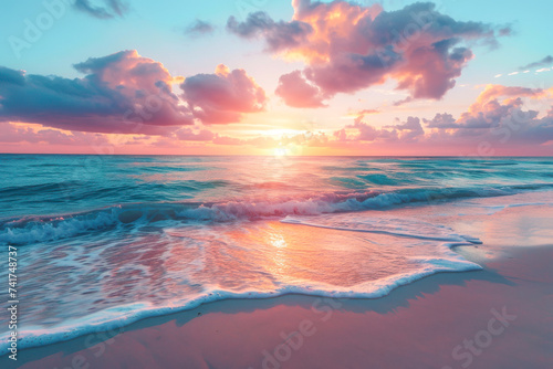 A tranquil beach scene at sunset  with pastel-hued skies reflecting on gentle surf  evoking a sense of peace and natural beauty.
