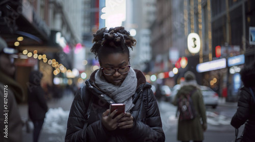 Afro American woman engaged with her smartphone in a busy urban street during wintertime