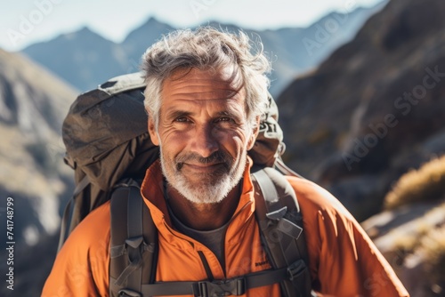 Portrait of senior man hiking in the mountains. Hiking concept.