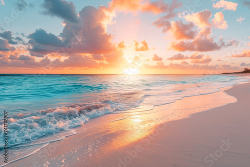 A tranquil beach scene at sunset, with pastel-hued skies reflecting on gentle surf, evoking a sense of peace and natural beauty.