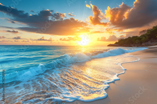 A tranquil beach scene at sunset, with pastel-hued skies reflecting on gentle surf, evoking a sense of peace and natural beauty.