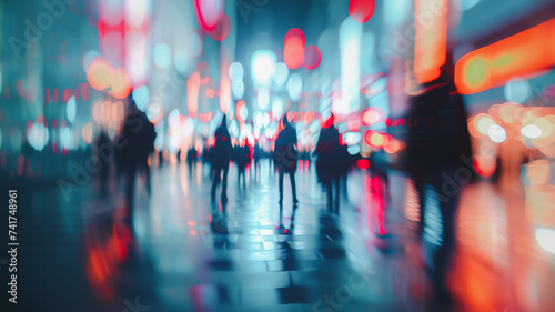 An abstract blur of urban life with silhouetted pedestrians and vibrant bokeh lights, capturing the dynamic energy of the city at night. © Studio910