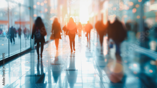 Silhouettes of busy people commuting in a city corridor, bathed in the warm glow of the sun, captured in a blur of motion, reflecting urban life and movement.