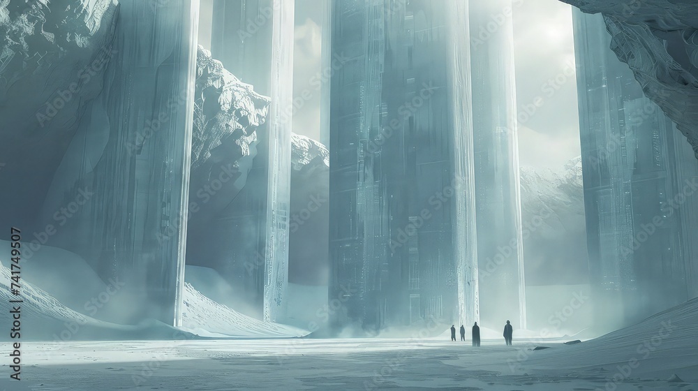 Ethereal Hall Amidst Mist: Towering Stone Pillars in a White Landscape. Ethereal Hall Amidst Mist: Towering Stone Pillars in a White Landscape.