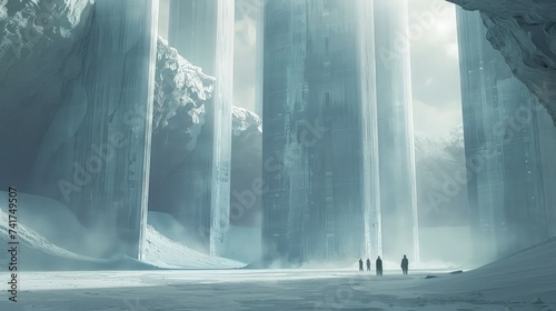 Ethereal Hall Amidst Mist  Towering Stone Pillars in a White Landscape.