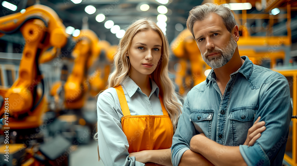 Engineers man and woman in the work shop. Ideas for new technologies, production and industries. Engineers man and woman in the work shop. Ideas for new technologies, production and industries.