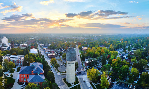 Aerial Sunrise over Ypsilanti Water Tower and Suburban Homes #741750307