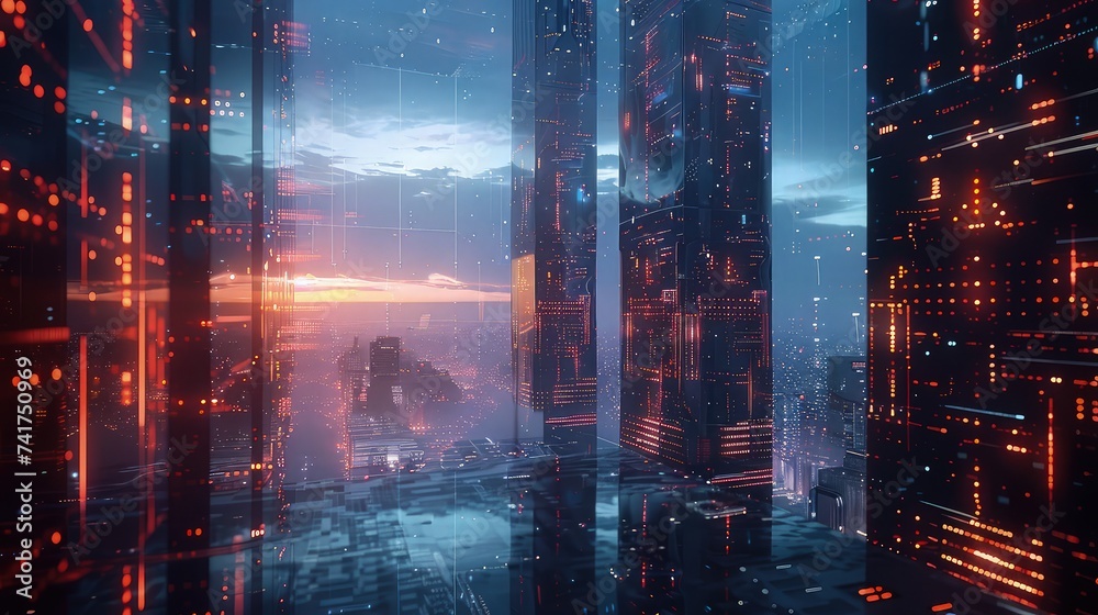 Fototapeta premium Futuristic Cloud Computing Hub: Towering Monoliths of Technology.