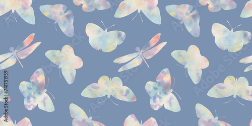 delicate watercolor dragonflies and butterflies on a gray - blue background  watercolor seamless pattern for the design of wrapping paper  wallpaper  textiles